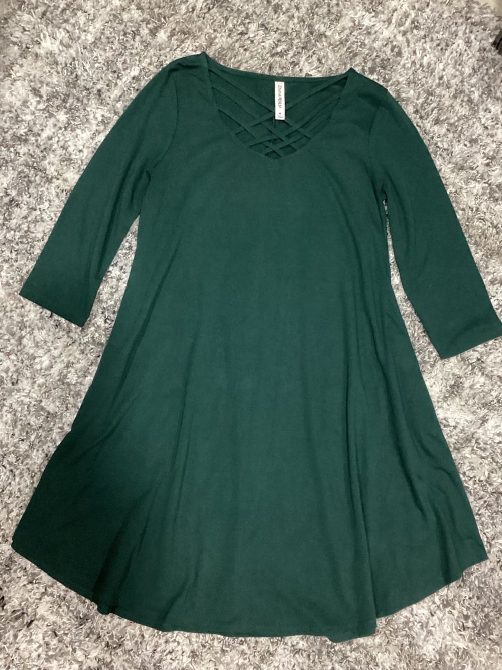 Zenana Outfitters Forest Green Crisscross V-Neck Swing Dress